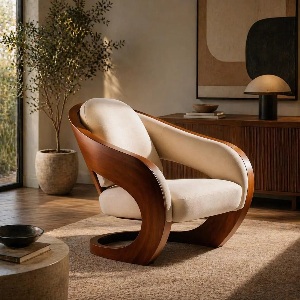 Sculptural Walnut Lounge Chair – Cream Upholstery