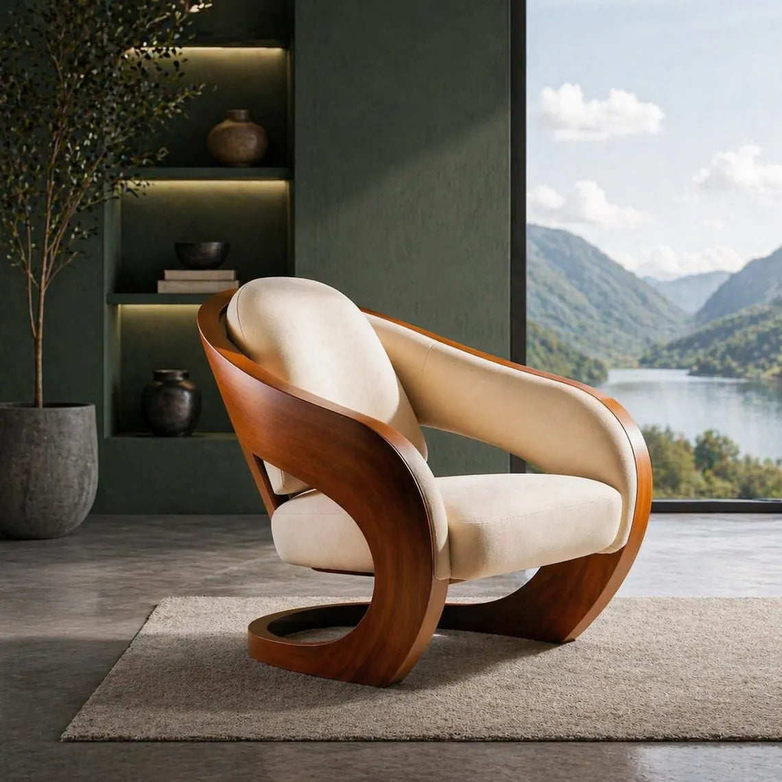 Sculptural Walnut Lounge Chair – Cream Upholstery
