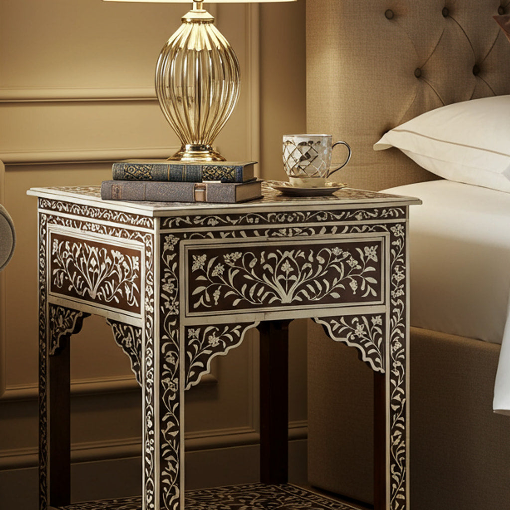 Intricately Carved Wood and Bone Inlay Side Table