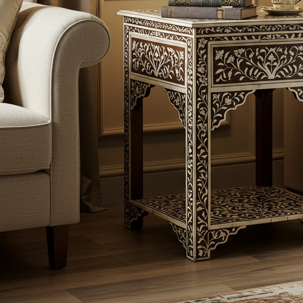 Intricately Carved Wood and Bone Inlay Side Table