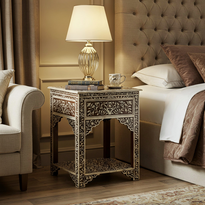 Intricately Carved Wood and Bone Inlay Side Table