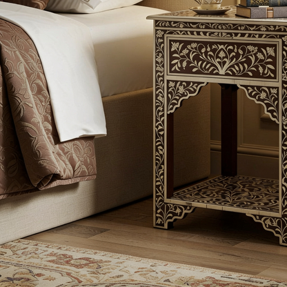 Intricately Carved Wood and Bone Inlay Side Table